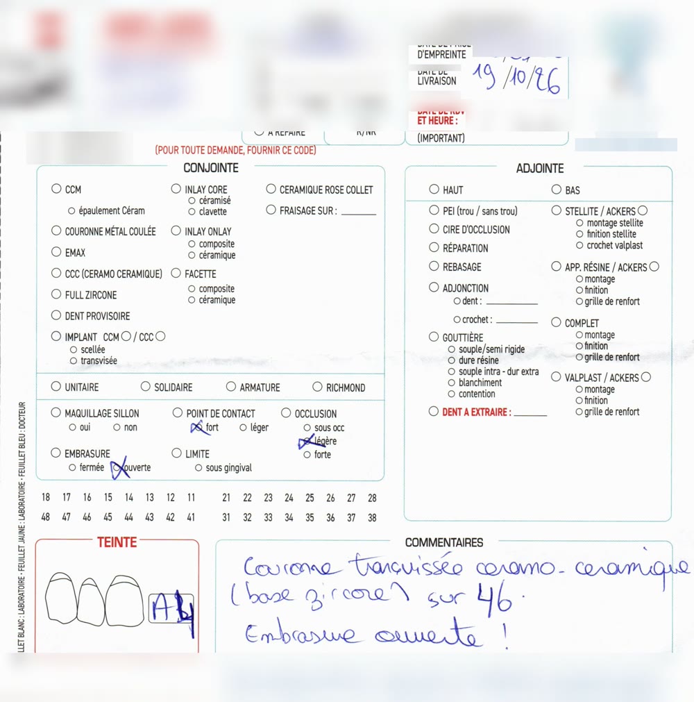 Un vrai bon manuscrit reçu au laboratoire, en-tête flouté